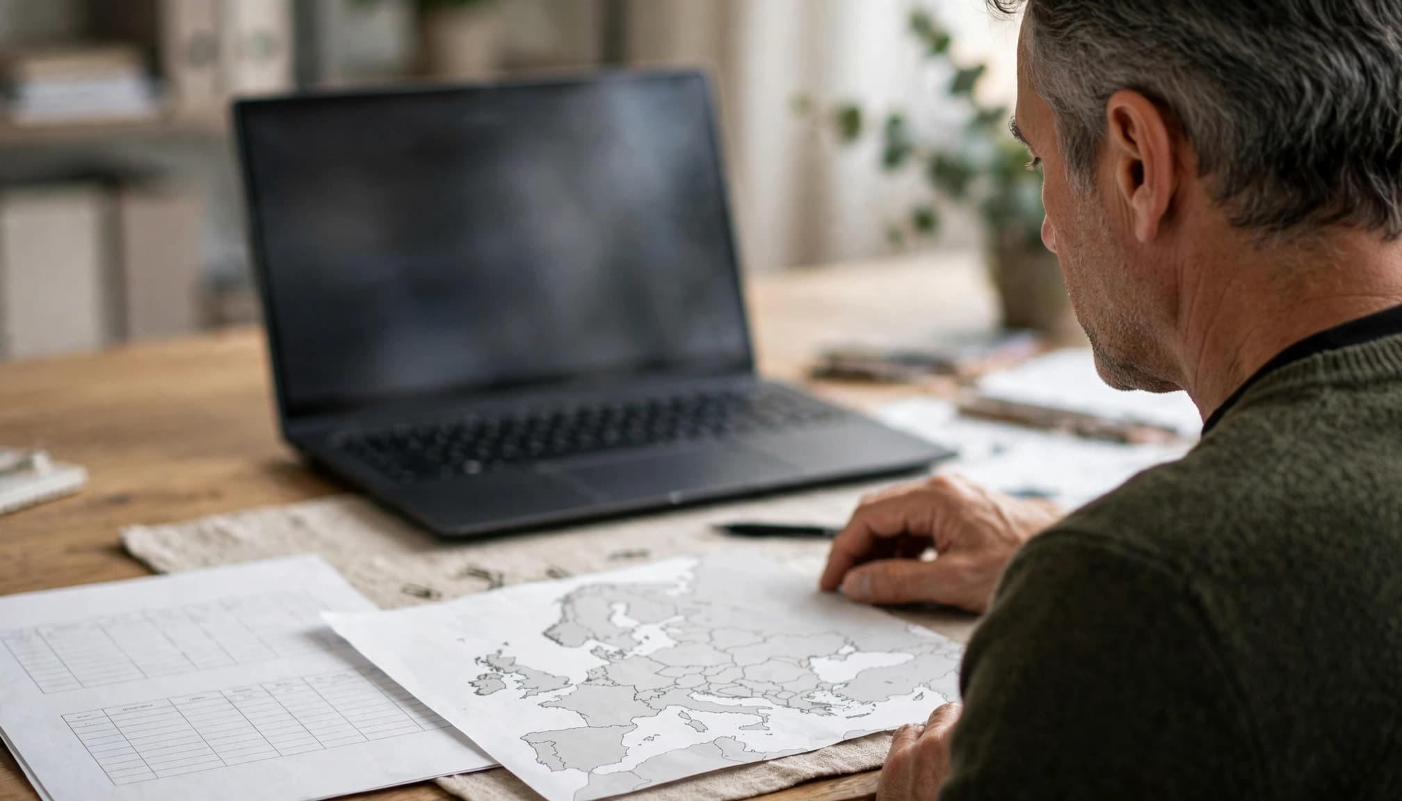 Adult reviewing a laptop, paper register, and Europe map at an office table.