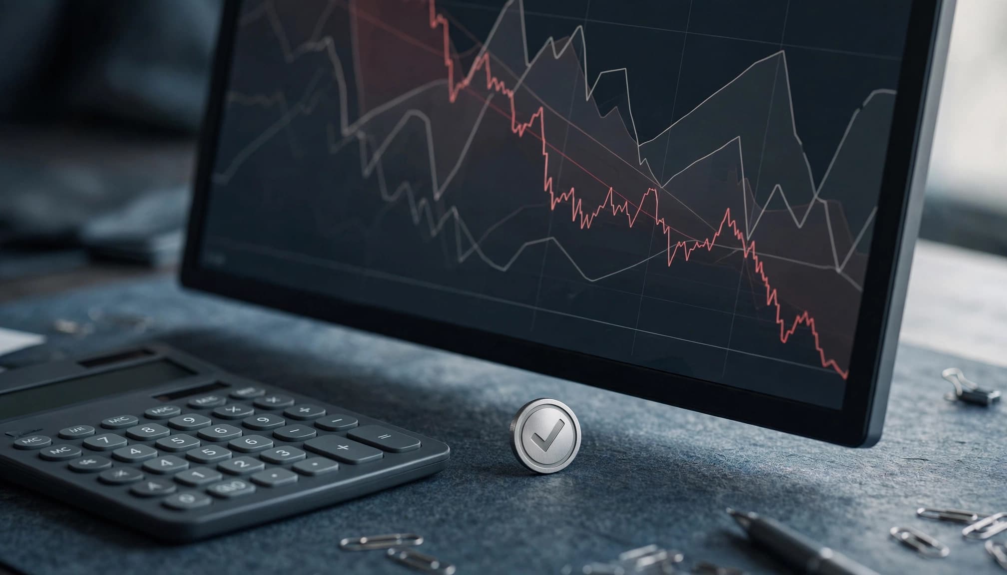 Monitor with red chart lines beside a margin calculator and closed-position symbol.