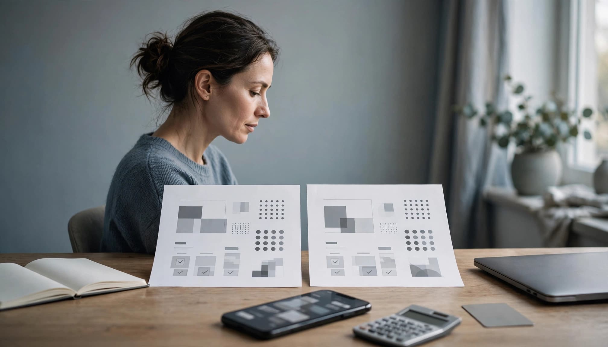 A seated adult compares papers with a smartphone beside office supplies.