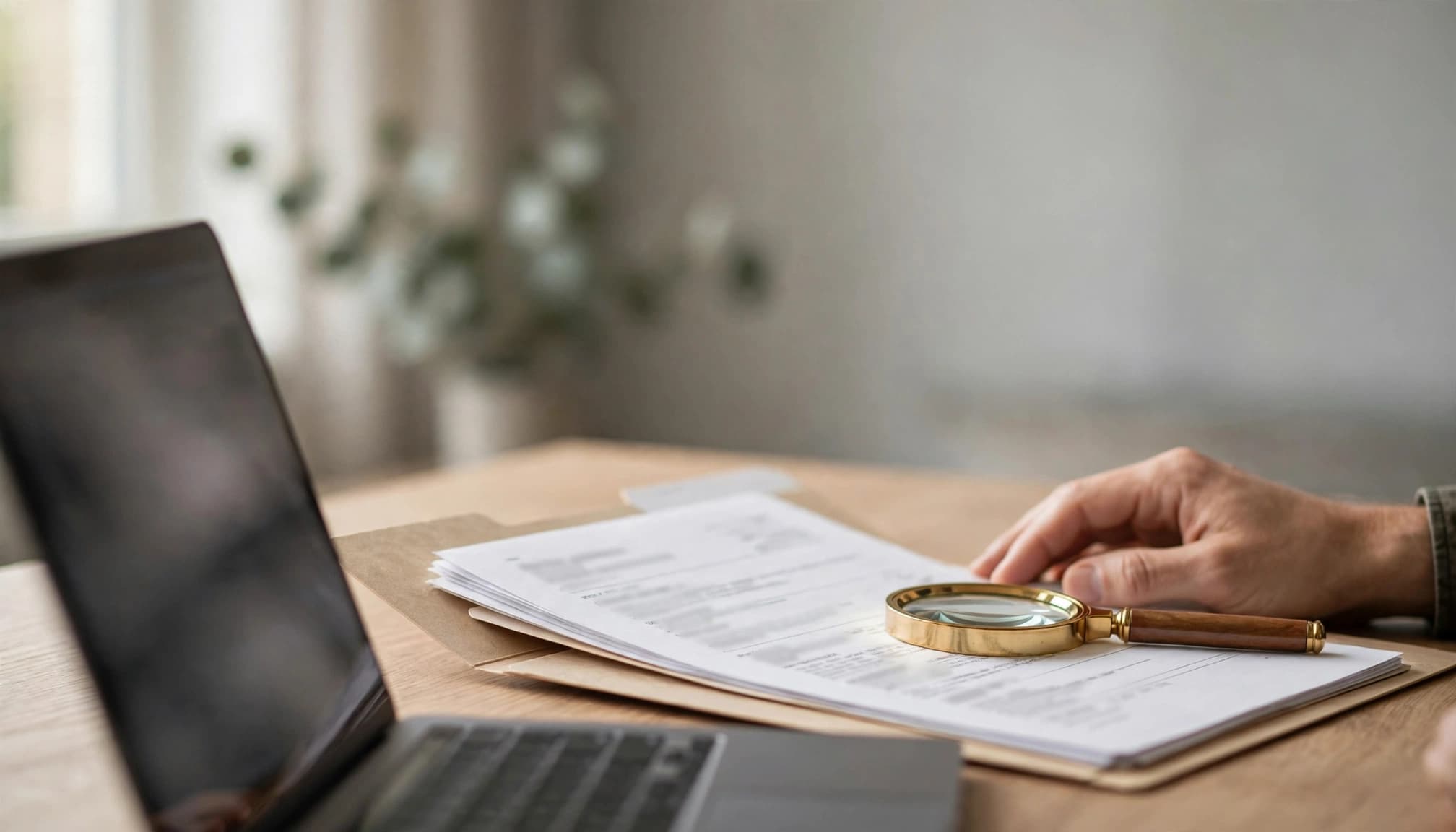 An adult hand beside a laptop, regulatory folder, and magnifying glass on an office desk.