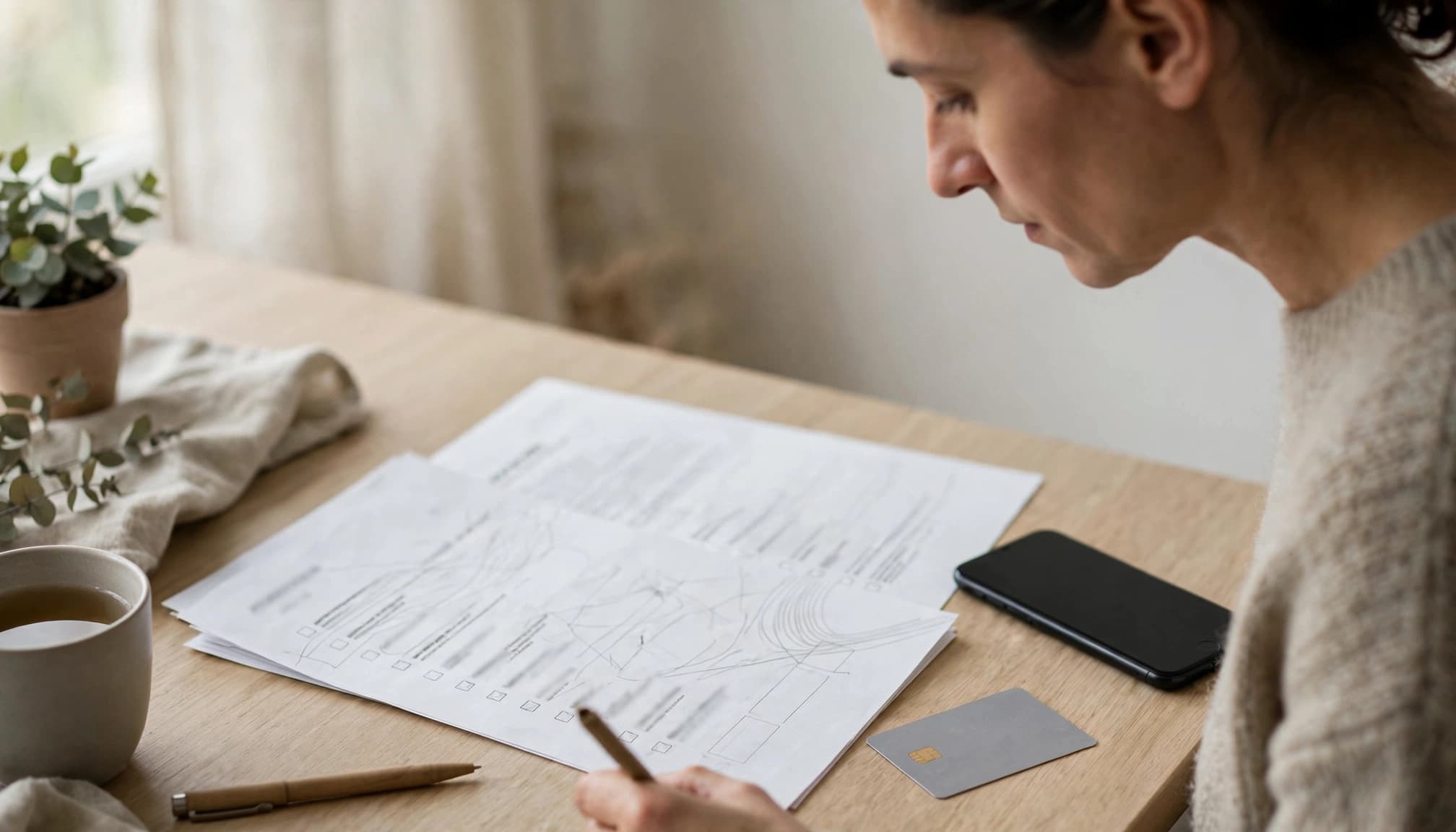 Adult reviewing casino safety papers beside a smartphone and payment card.