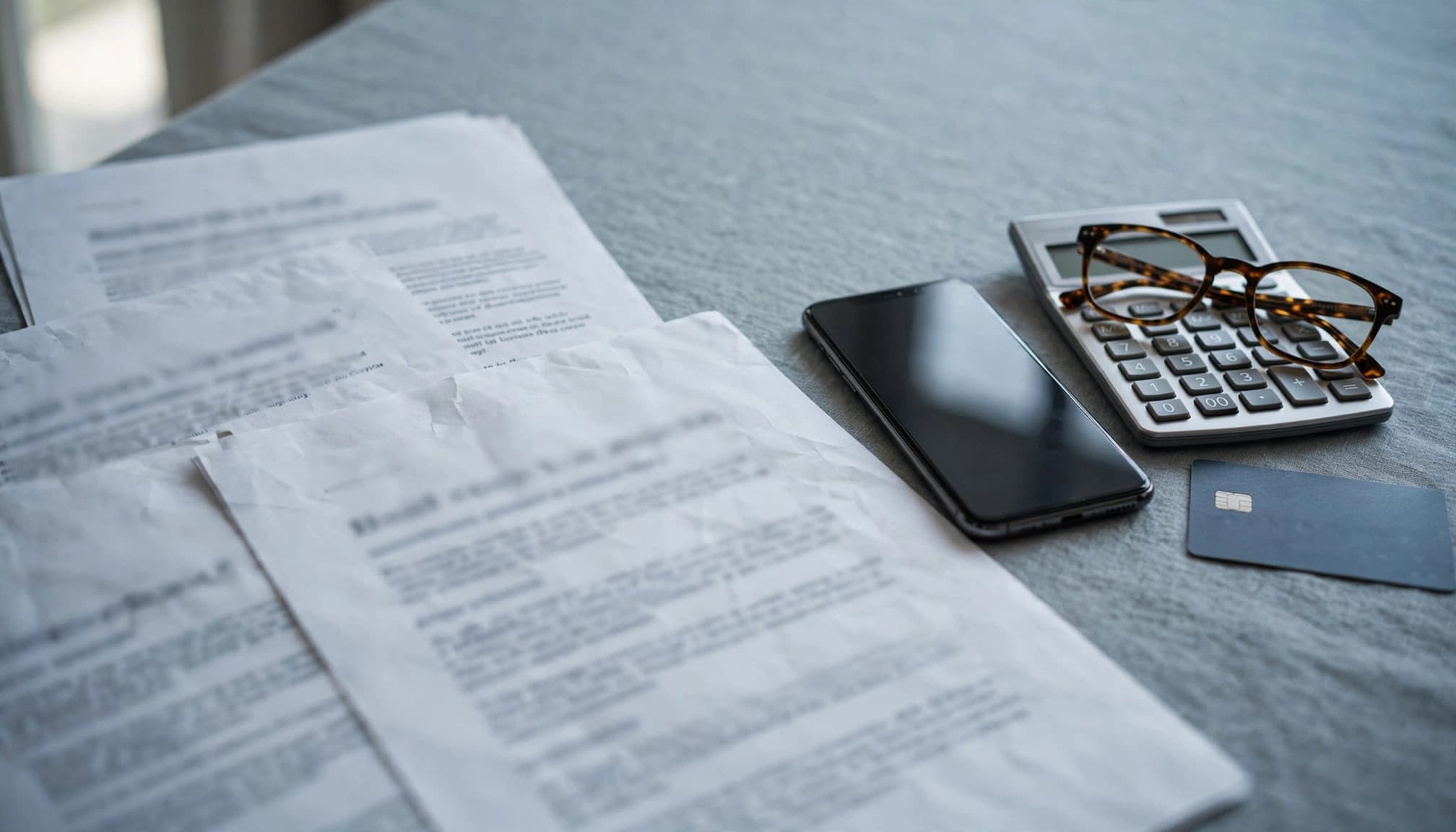 Blurred casino terms beside a phone, calculator, bank card, and reading glasses.