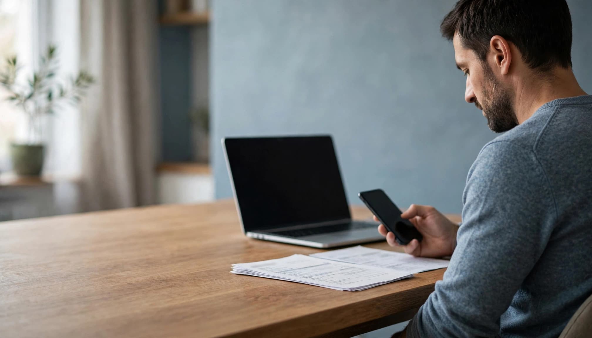 An adult checks a phone and payment documents beside a laptop at home.
