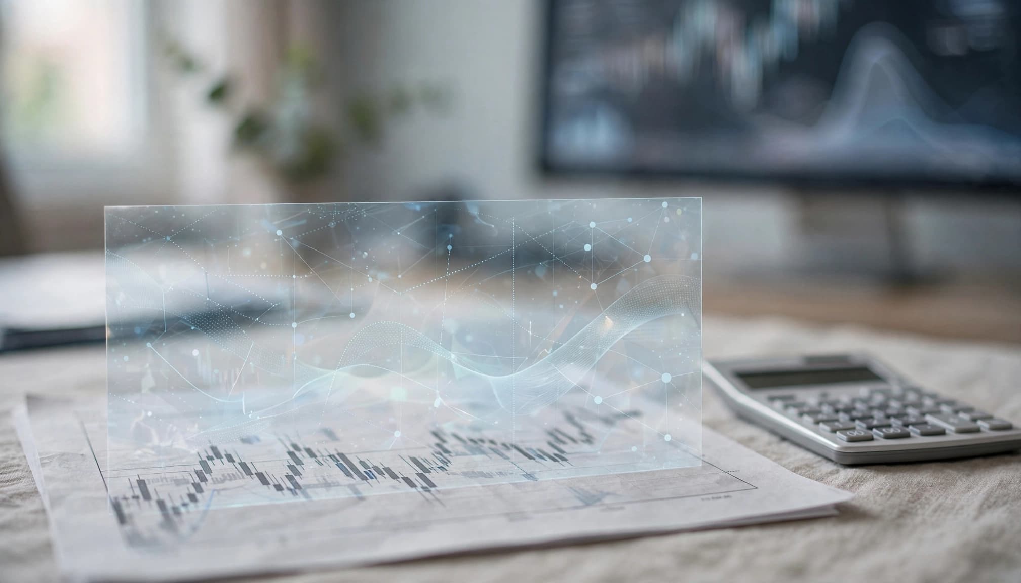 A printed market chart and small calculator sit before a blurred computer monitor.