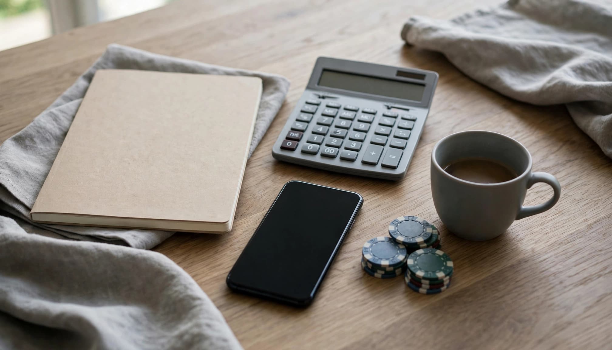 A notebook, calculator, coffee cup, phone, and casino chips on a tidy kitchen table.