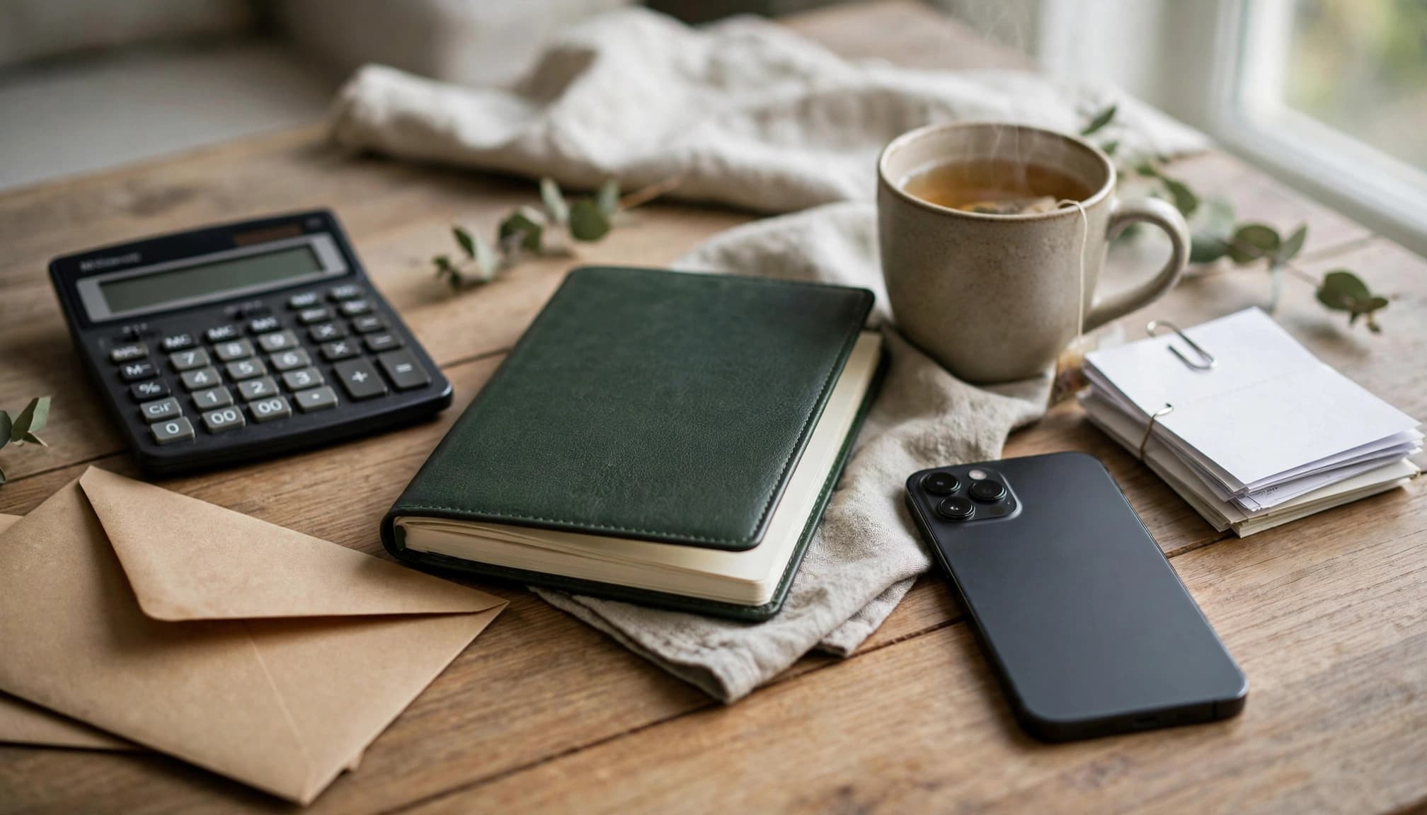 A phone, notebook, calculator, envelope, and tea on a wooden table.