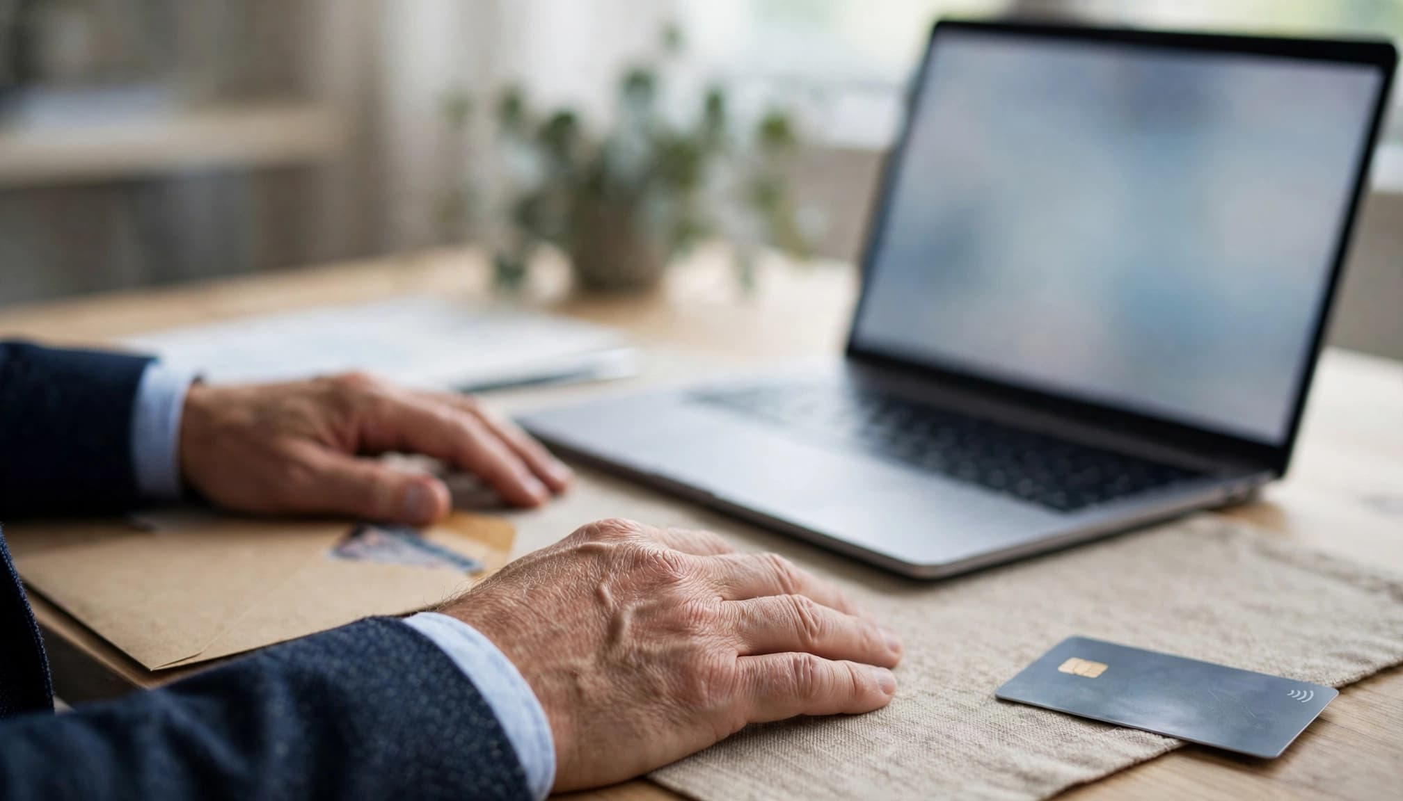 Hands beside a laptop, identity envelope, and payment card on an office desk.