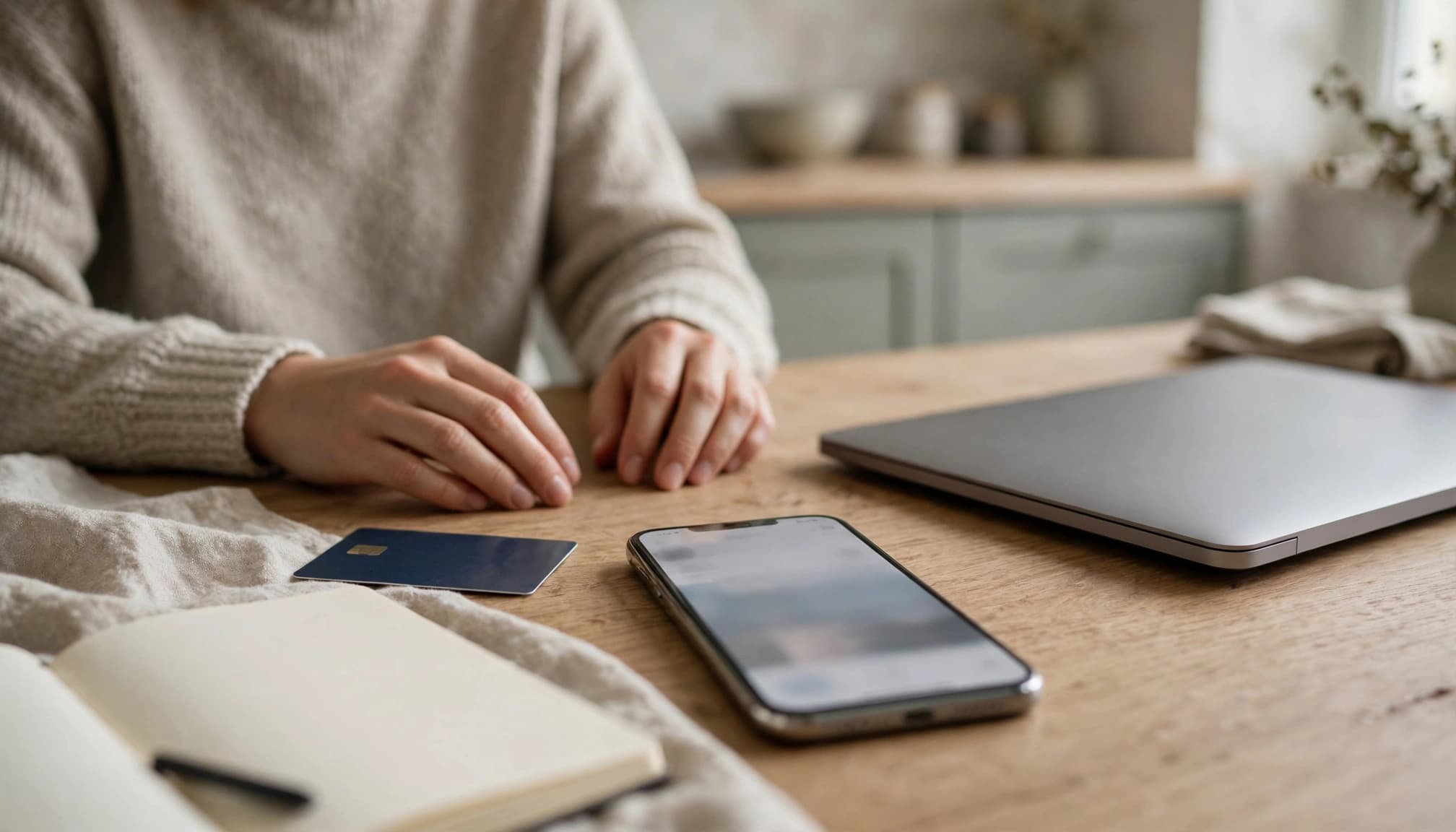 Hands rest beside a smartphone, bank card, notebook, and closed laptop on a kitchen table.