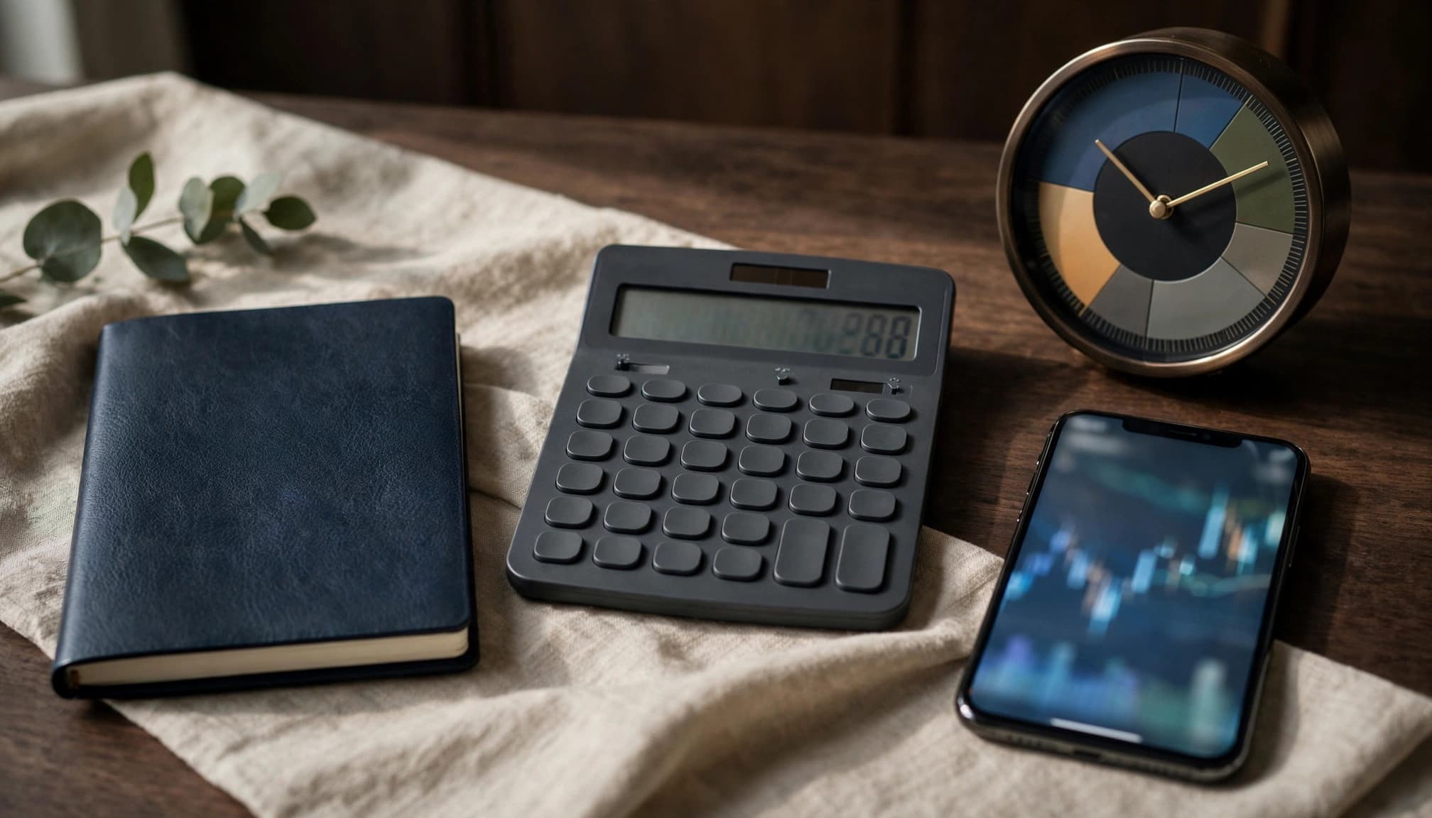 Notebook, calculator, blurred chart phone, and clock arranged on a dark wood desk.