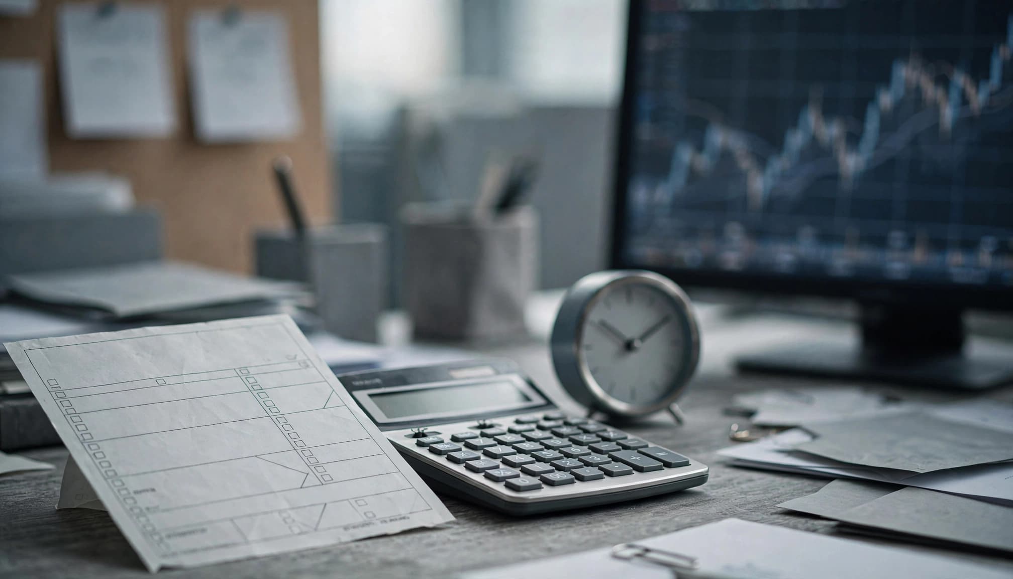 A trading order ticket beside a calculator, clock, and blurred chart monitor.