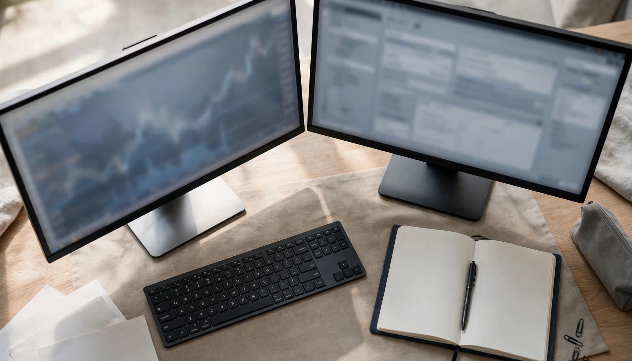 Two monitors show blurred trading charts beside a keyboard and notebook.