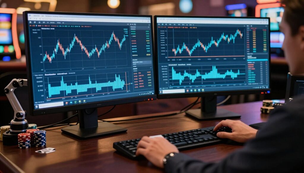 Two forex chart monitors glow above a keyboard and small mechanical arm.