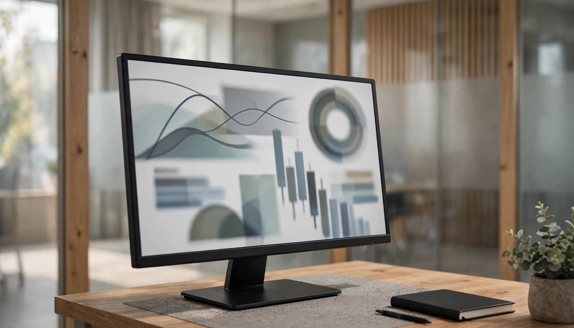 A monitor displays abstract market charts on a tidy office desk.