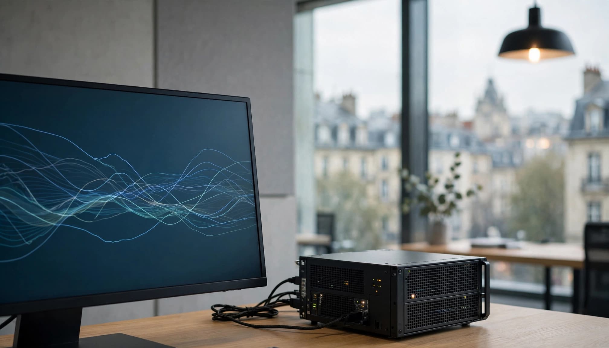 A monitor with abstract currency charts sits beside a compact server near a city-facing window.