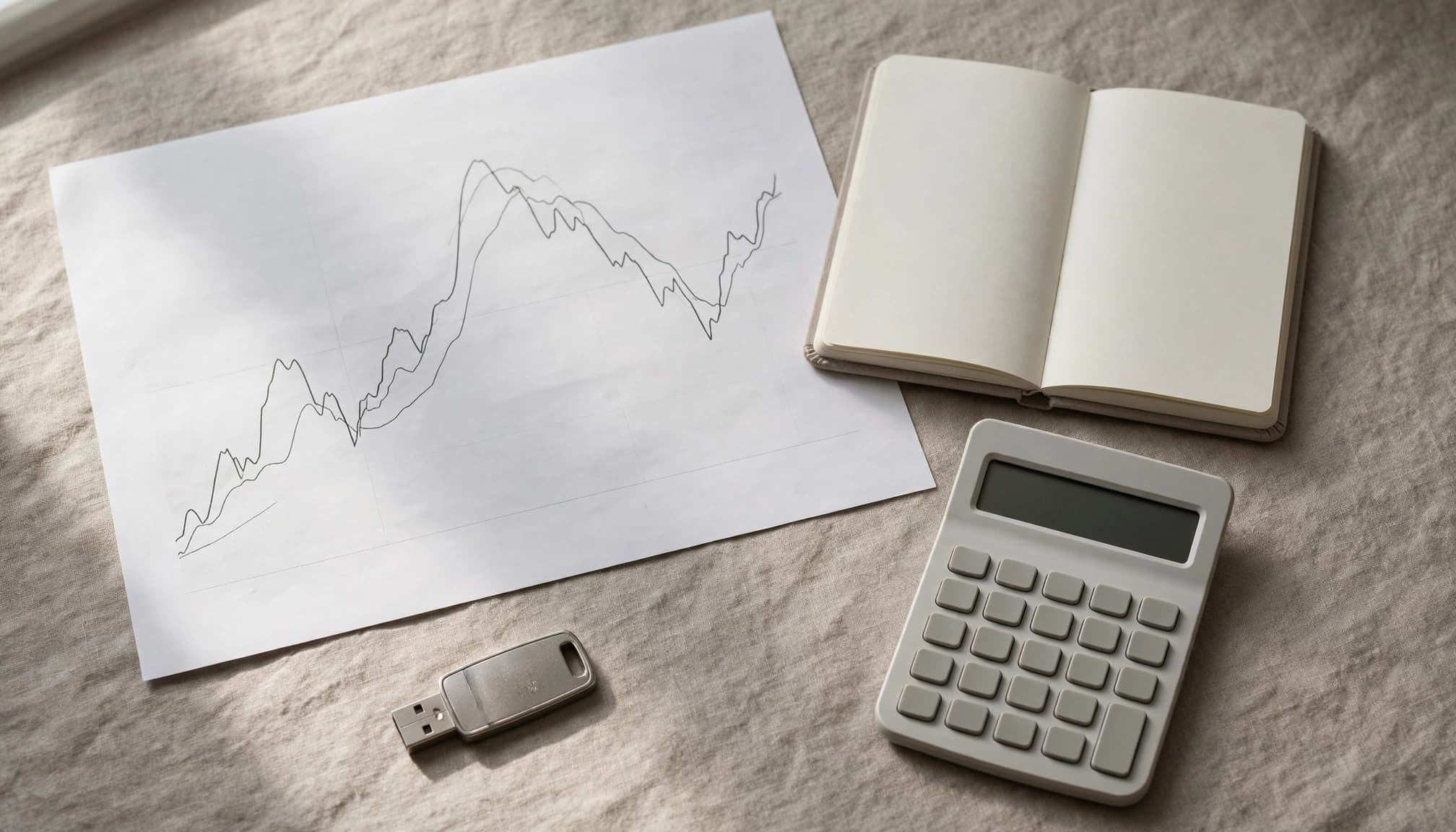 A market chart, blank notebook, calculator, and access key arranged on a desk.