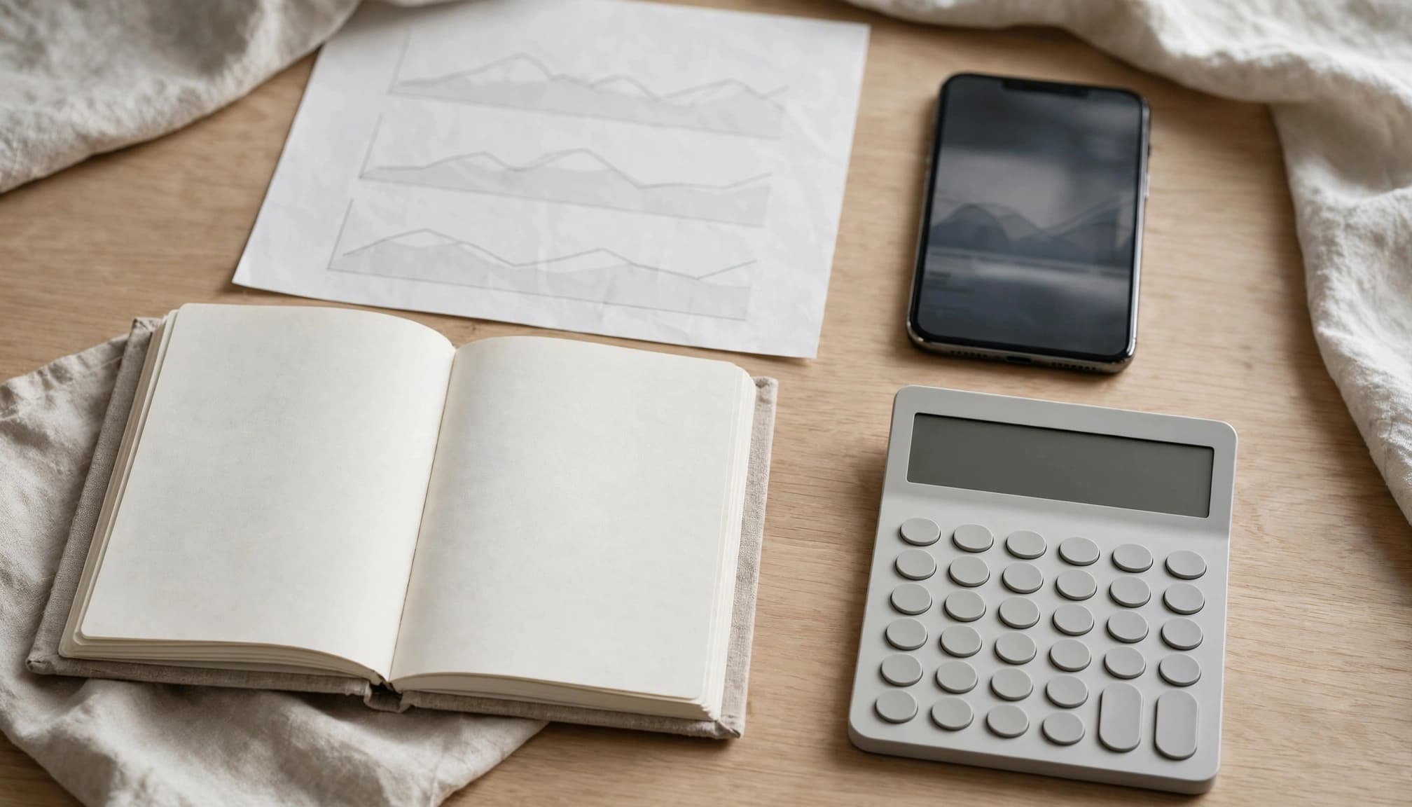 A journal, calculator, phone, and chart sheet arranged on a bright desk.